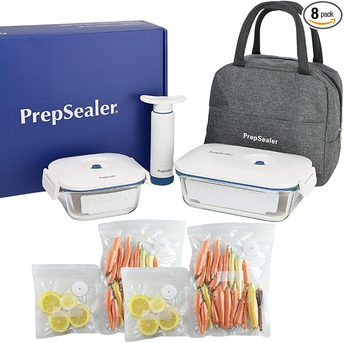 PrepSealer Food-Saving Glass Vacuum Container 8PC Set -Everyday keep fresh and longer, Borosilicate glass