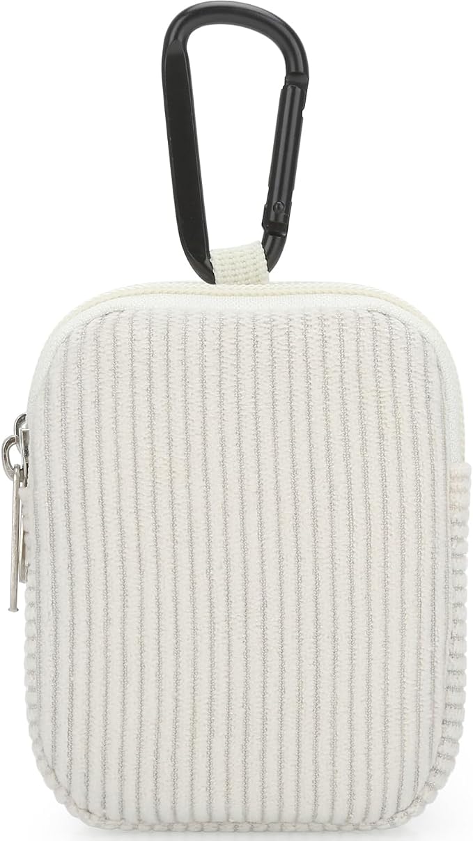 E-Tree Coin Purse with Carabiner Clip, Dual Layer Card Case Holder, Mini Pouch for AirPod Earphone Keychain USB Cable,Wallet, Small Accessories Organizer Bag for Women and Men (White Corduroy)