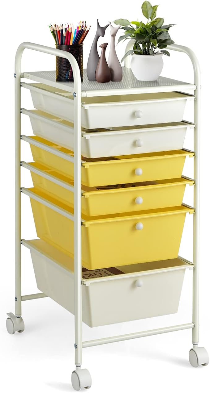 DREAMADE Rolling Cart With Storage Drawers, Utility Cart With Removable Plastic Drawers, Lockable Wheels for Classroom Organization, Art Supplies, Office, Scrapbook (6 Drawers, Yellow)