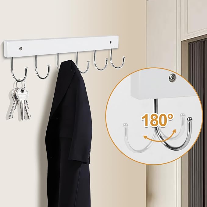 2 Pack Coat Rack Wall Mount with 12 Rotating 180° Coat Hooks, 14.6" Rustproof Wooden Entryway Organizer, Wall Hooks for Hanging Coats, Purse, Hats, Jackets, Towels, Space Saving Hanger (White)