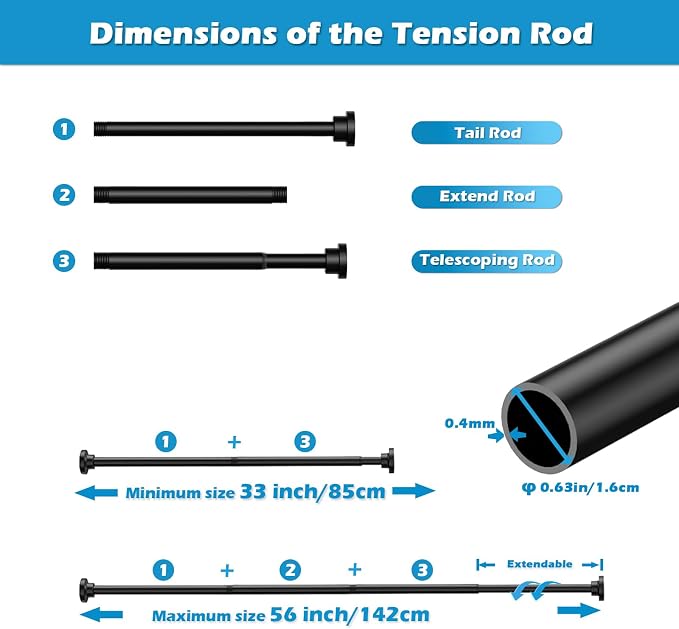 Tension Curtain Rod Adjustable 33 to 56 inch Small Spring Tension Curtain Rod No Drilling, Closet Rod for Windows, Door, Wardrobe, Black