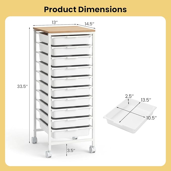 LDAILY Rolling Cart with Drawers, 10 Drawer Rolling Storage Cart with Wooden Tabletop, Metal Frame & Lockable Wheels, Craft Organizers and Storage for Home Office Classroom (White, 10-Drawer Small)