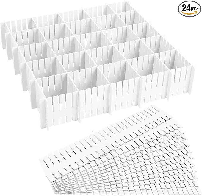 24 Pcs Drawer Divider Adjustable DIY Storage Organizer Separator for Tidying Clutter Cutlery Underwear Socks Clothes Dresses Desk & Box in Kitchen Bathroom Bedroom Office (Cut at Will)