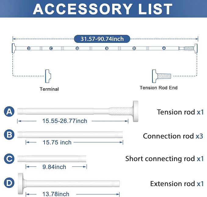 Tension Curtain Rod 32-90Inch Adjustable Curtain Rods no Drilling Outdoor Tension Rods for Patio,Windows,Closets,Doorway