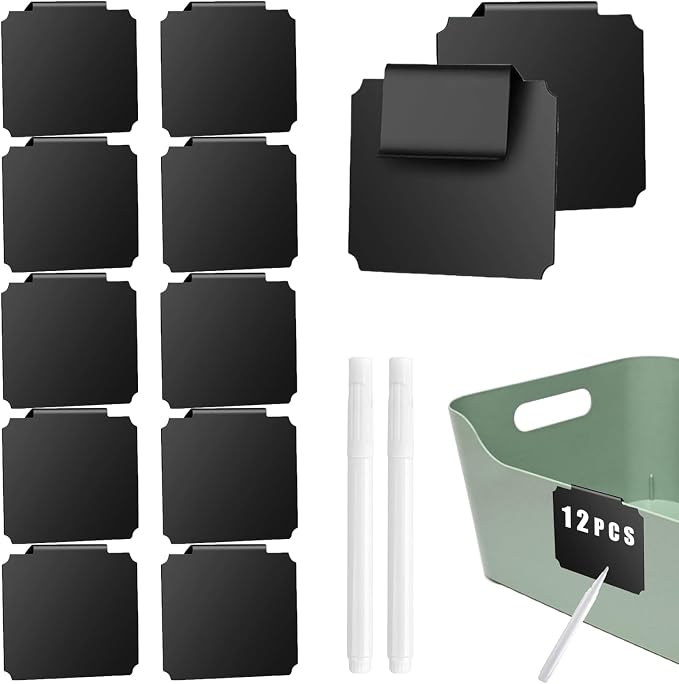 14 Plastic Basket Labels Clip On Set - Removable Bin Labels Clip On with 2 Chalk Markers for Basket Pantry Organization Box