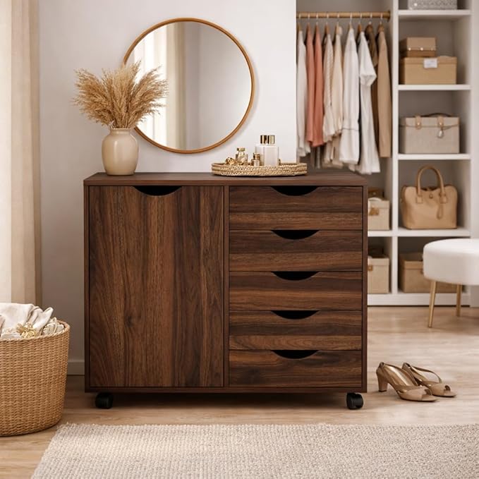 Naomi Home Wooden 5 Drawer Dresser with Cabinet Shelves and Wheels, Drawer Dresser for Bedroom Closet and Dressing Room Storage in Brown Oak