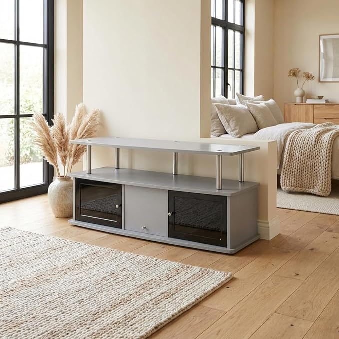 Furnifact Grey TV Stand, 3 Storage Cabinets and Shelf, Modern Design, Durable Particle Board, Fits TVs up to 55 Inches, Supports 60 lbs
