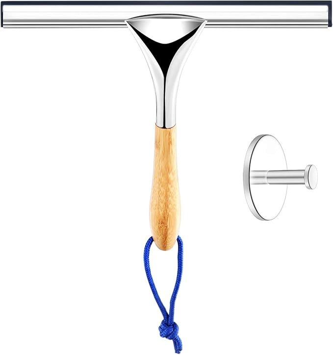 ToiletTree Products All Purpose Bamboo Stainless Steel Squeegee - Rust Proof Deluxe Squeegee with Hanging Hook – Hand Wiper for Shower Doors, Bathroom, Car Window & Kitchen (Bamboo)