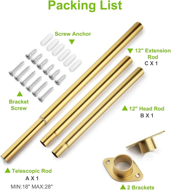 Closet Rod, Adjustable Rod for Hanging Clothes, 42 to 52 Inches Clothes Rod for Closet, Gold