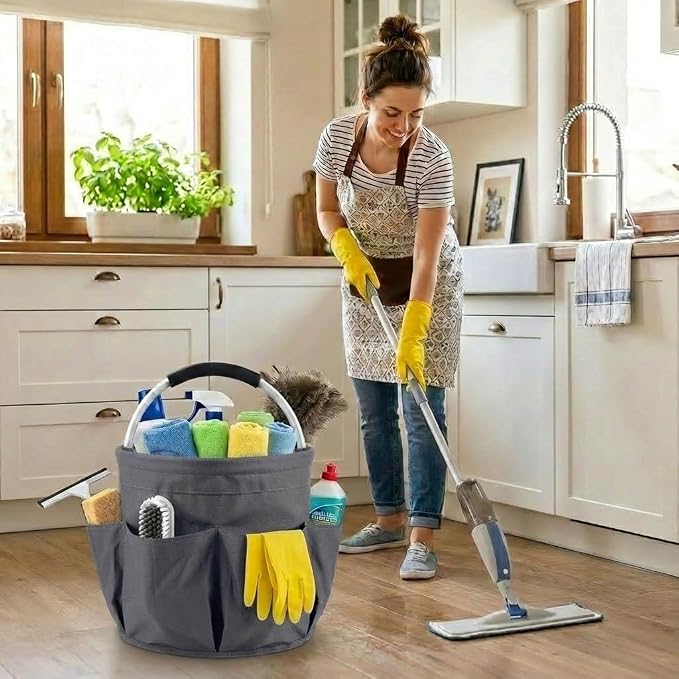 Foldable Cleaning Caddy with Handle 17L Large Cleaning Supplies Organizer 600D Oxford Portable Bucket Basket with 6 Pockets for Home Bathroom Garden Garage - Gray