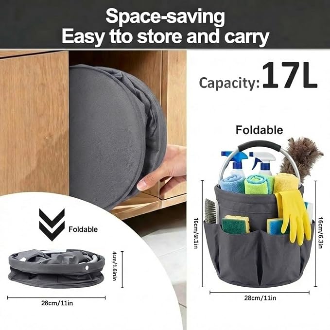 Foldable Cleaning Caddy with Handle 17L Large Cleaning Supplies Organizer 600D Oxford Portable Bucket Basket with 6 Pockets for Home Bathroom Garden Garage - Gray