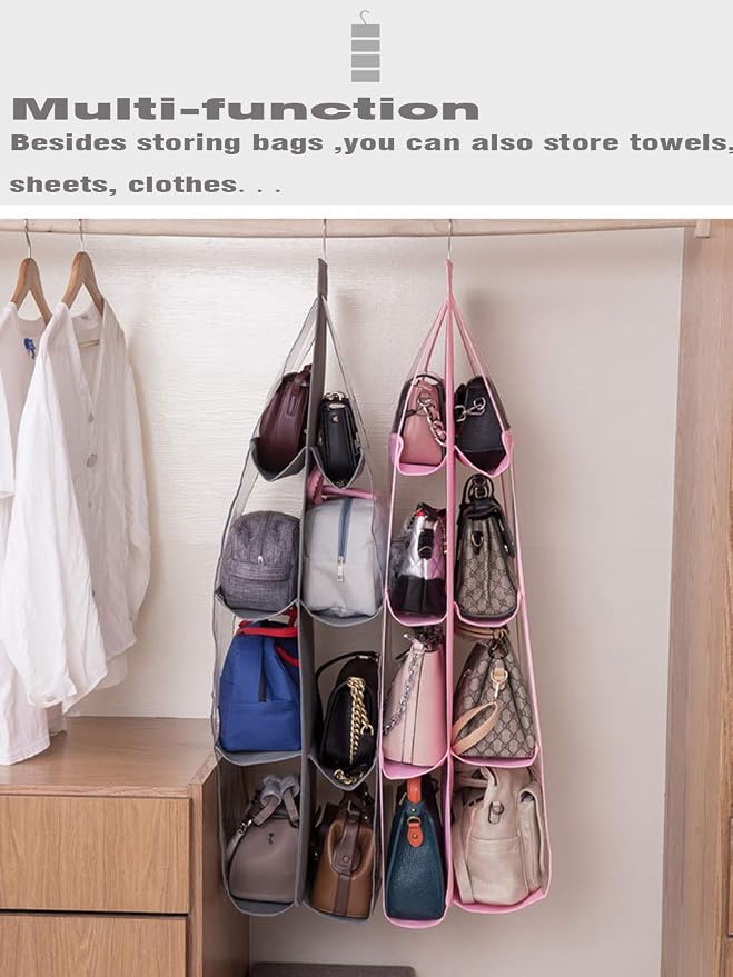 AARAINBOW 2 Packs Hanging Handbag Purse Organizer for Closet, Womens Purse Storage Organizers, Hand Bag Organizer Holder 8 Pockets Space Saving, 46 L x 13.8W (C-Gray Pink)