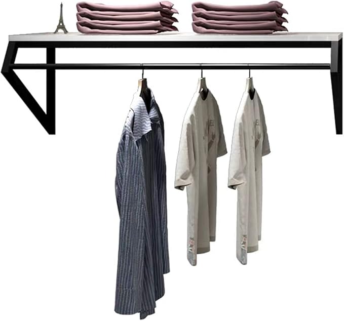 Modern Simple Men's and Women's Clothing Store Heavy Duty Metal Display Stand,Wall-Mounted Garment Rack with Wood,Clothes Rail,Bathroom Hanging Towel Rack (Black Square Tube, B-47.2" L)