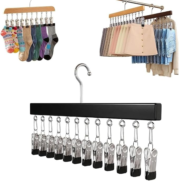 10/12-Clip Wooden Hanging Organizer, Sturdy Rack for Pants, Leggings, Socks, Hats, Scarves, Multi-Purpose Closet Storage for Home Use (1, Dark 12clip)