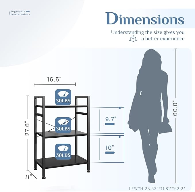 DUMOS 3 Tier Bookshelf, Home Office Bookcase Shelf Storage Organizer | Free Standing Open Display Storage Shelving Unit for Bedroom, Living Room Black