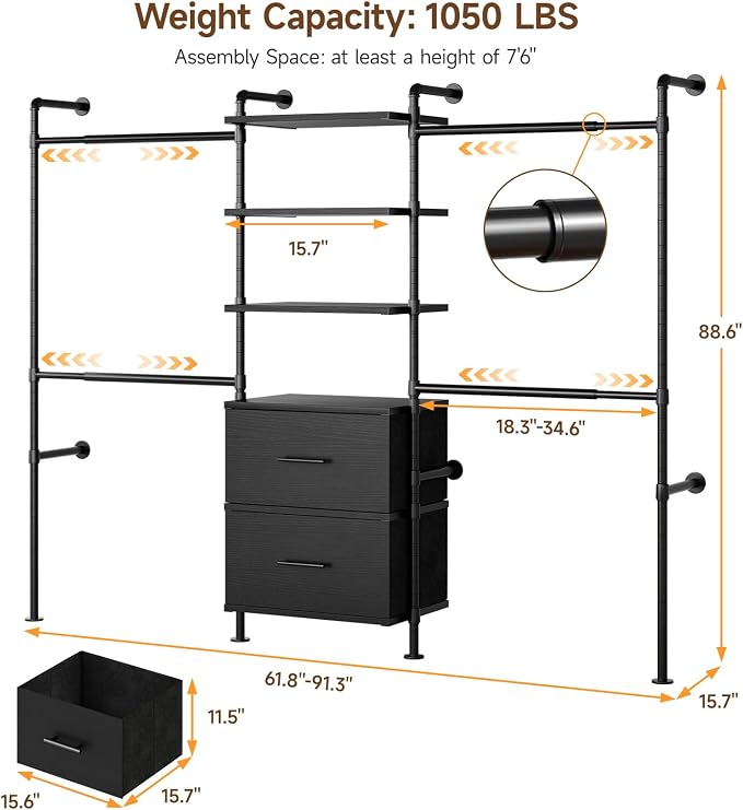 ONBRILL T3 Wall Mounted Industrial Pipe Closet Organizers Storage System | Metal Clothing Rack with 2 Drawers, 6 Wooden Shelves & 4 Expandable Rods, Heavy Duty Garment Rack, Wardrobe (Black)