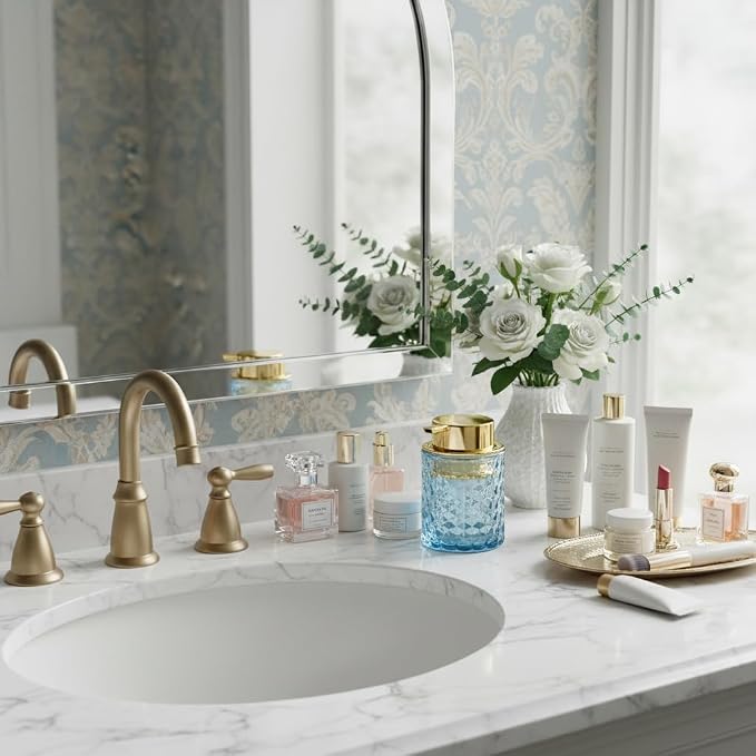 10 Oz Glass Hand Soap Dispenser with Pump, Refillable Bathroom Gold Foaming Soap Dispenser, Vintage Glass Diamond Lotion Container Bottle for Bathroom and Kitchen (1, Blue and Gold)