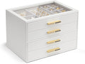 VLANDO 4-Drawer Jewelry Box with Glass Lid, Faux Leather Organizer for Rings Earrings Necklaces and More, Gift-Ready Jewelry Case for Women Girls or Moms, White