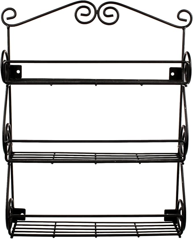 FitWell Scroll Wall Mount Spice Rack, 3-Tier, Traditional Spice Rack Cabinet & Kitchen, Beauty & Nail Polish Organizer for Bathroom, Scroll Wall-Mounted (Black)
