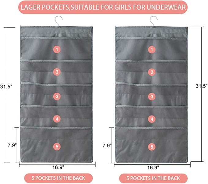 Bseash Enlarged Closet Hanging Bra Organizer with Rotating Metal Hanger, Dual Sided Wall Shelf Wardrobe Mesh Pockets Hanging Storage Bag for Bra Socks Underwear Underpants
