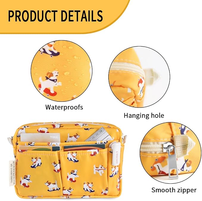 E-WEICHEN Multiple Pockets Portfolio Organizer with Zippered, Makeup Bag Travel Essentials for Women, Simple Waterproof Stationery Pencil Pouch Bag for Journal Office Art Supplies.Yellow Dog