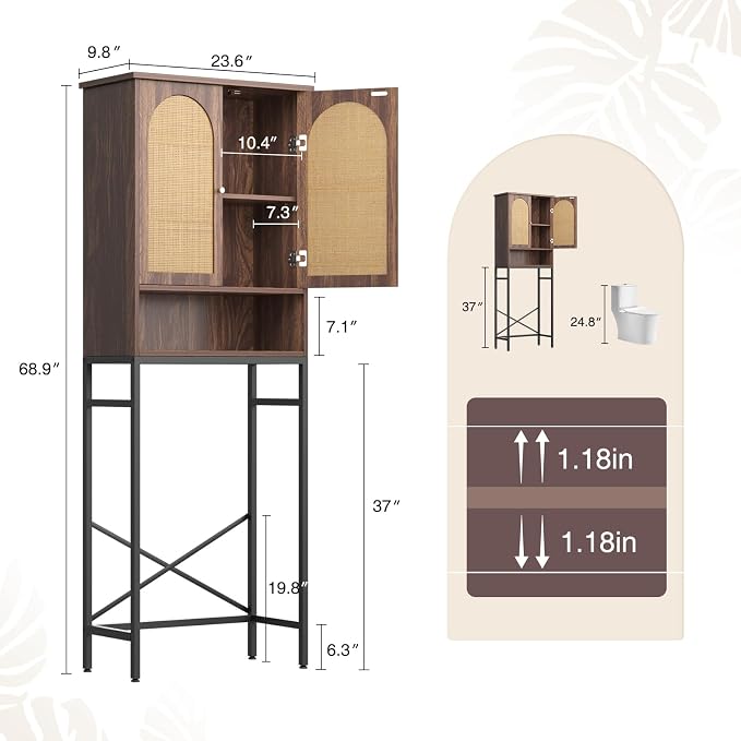 Befrases Rattan Toilet Storage Cabinet, Over the Rack Wood Cabinet with Metal Stand, Bathroom Organizer with Adjustable Shelf, Space Saving Cupboard for Small Bathrooms, Washer Shelf, Dark Brown