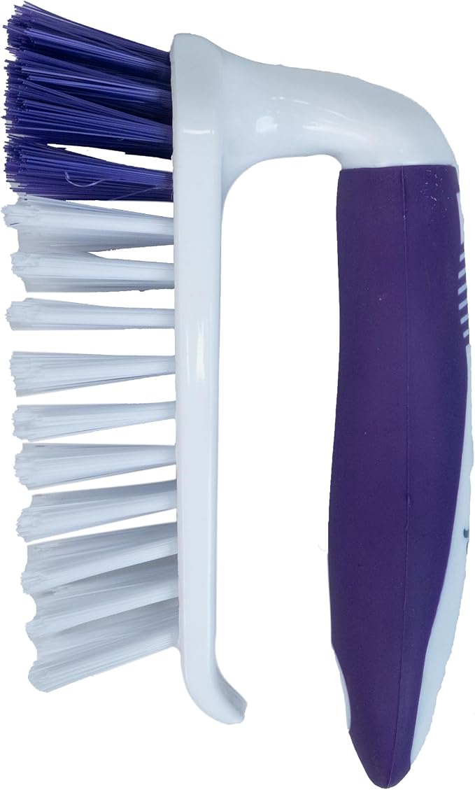 Fabuloso Cleaning Brush with Handle Compact Handheld Household Scrub Brush Kitchen Bathroom Baseboards Tile and Floors Firm Bristles Indoor Surface Cleaning White Purple 5.5 Inch Everyday Cleaning