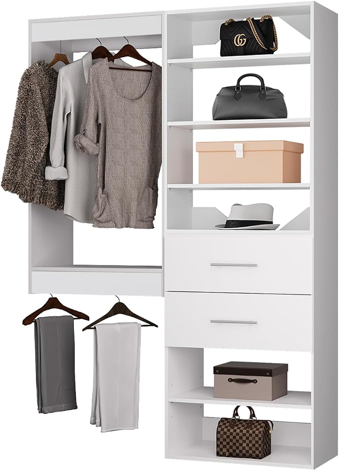 ROOMTEC Modular Closet System, 64" Wall Mounted Closet Organizer with Hanging Rods and Drawers, Wooden Tower for Walk-In Closets, Wardrobe Storage Kit, White