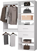 ROOMTEC Modular Closet System, 49" Wall Mounted Closet Organizer with Hanging Rods and Drawers, Wooden Tower for Walk-In Closets, Wardrobe Storage Kit, White