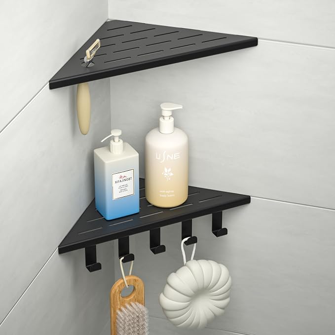 10'' Corner Shower Shelf | 304 Stainless Steel Shelves for Bathroom, Grout in Shelf with Hooks for Tiled Wall (Matte Black)