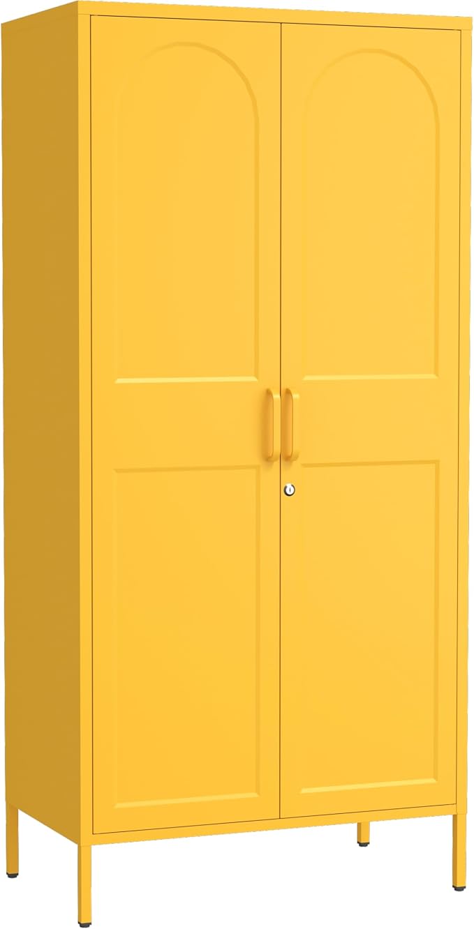 Lockable Metal Wardrobe Closet with Doors, 67" Coat Closet,Metal Storage Cabinet Locker with Removable Hanging Rod And Adjustable Shelves for Home Bedroom Office Yellow Size：67" H X 31.5" W X 18.1" D