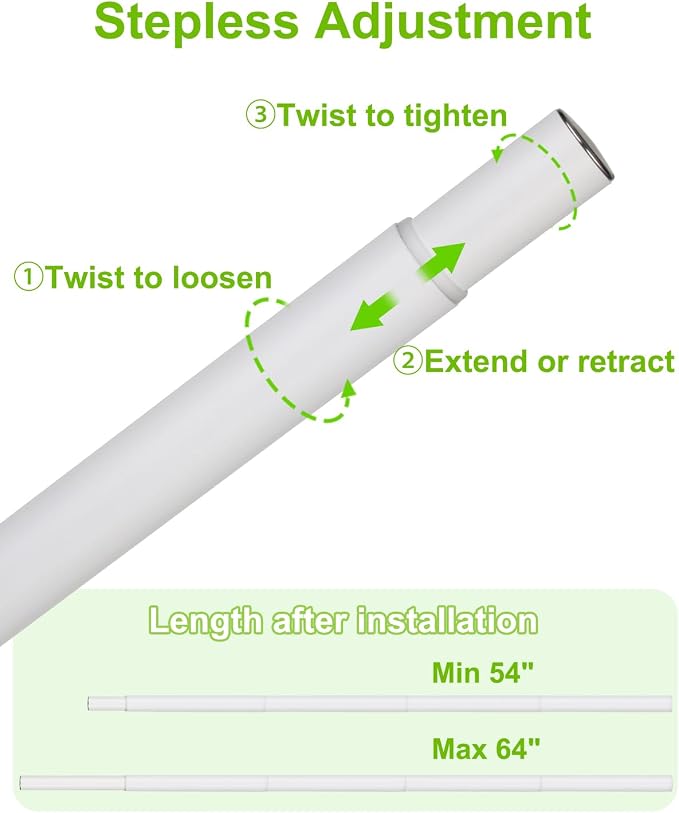 Closet Rod for Hanging Clothes Upgraded Extra Strong, 52 to 64 Inches Adjustable Heavy Duty Closet Rod, White