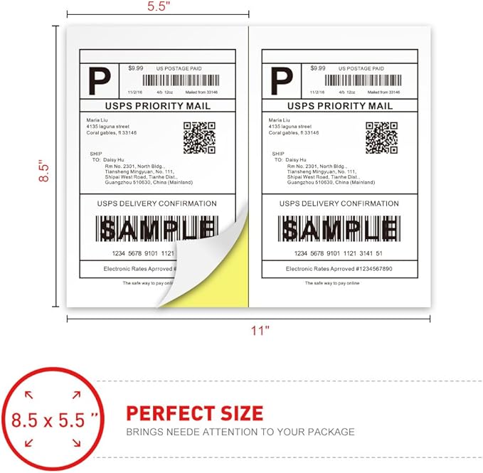 [500 Sheets; 1000 Labels] Half Sheet Self Adhesive Shipping Labels for Laser & Inkjet Printers, 8.5" X 5.5" Shipping Labels for Laser & Inkjet Printers Half Sheet Labels for Printer 8.5 x 11
