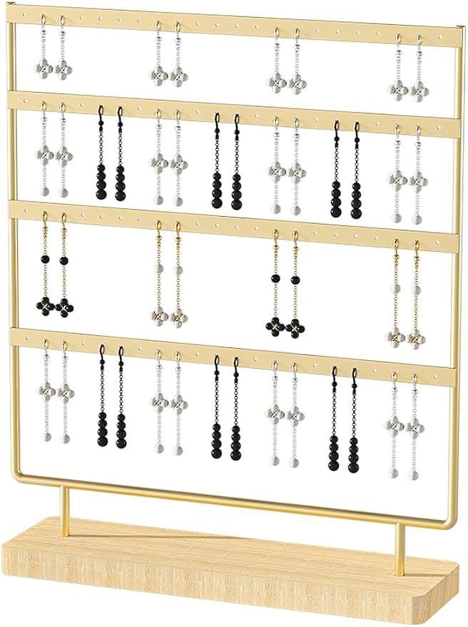 Julysky Earring Holder Organizer, Earring Stand, 4 Layers, Golden