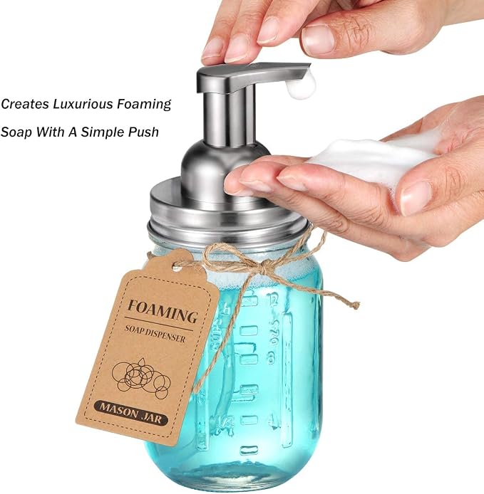 Amolliar Mason Jar Foaming Soap Dispenser Pump Lids, Rustproof Stainless Steel Lid Plastic Pump for Regular Mouth Mason Jar, Kitchen Bathroom Farmhouse Decor, Waterproof Stickers, Brushed Nickel 2Pack