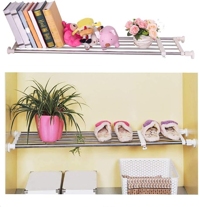 BAOYOUNI Adjustable Closet Tension Shelf Rod Expandable | Clothes Hanging Rail Pole Dividers Wardrobe Space Saving Storage Organizer Ivory, 46.85-75 Inches