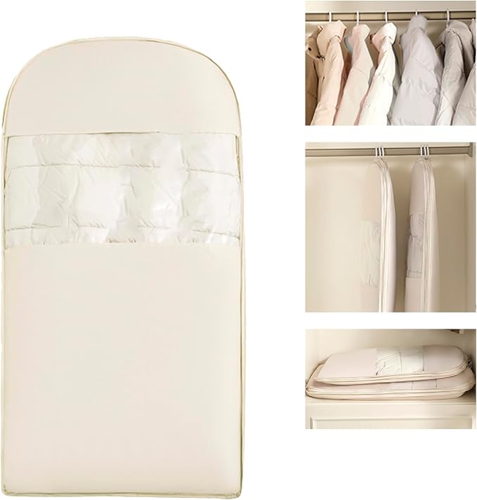 Space Saving Hanging Garment Bag with Compression Zipper. | For Closet Storage, Garment Bag for Coats and Down Jackets.(Beige,M)