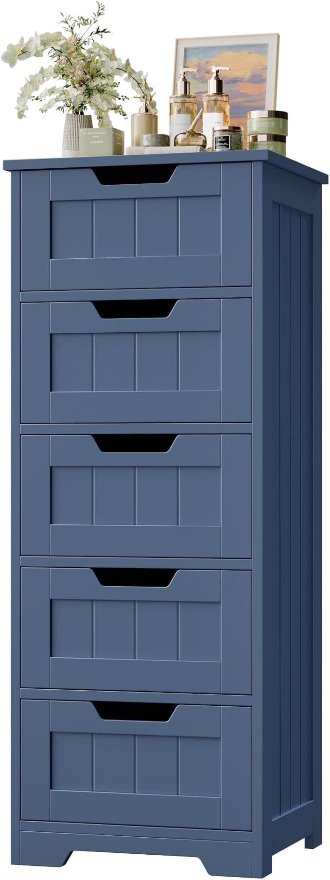 FOTOSOK Bathroom Cabinet, Bathroom Storage Cabinet with 5 Drawers, Wooden Storage Cabinets with Cut-Out Handles, 11.8” x 15.7” x 40.1” Bathrooms Floor Cabinets for Hallway/Living Room, Blue