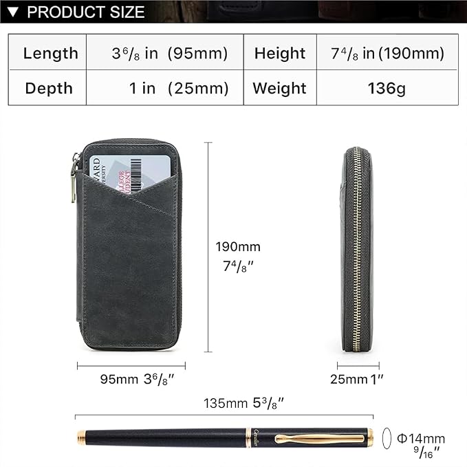 CONTACTS Full Grain Leather Pencil Case Handmade Vintage Zipper Pen Holder Pouch with Card Slot Pens Organizer Pockets Stationery Bag for Men and Women (Grey)