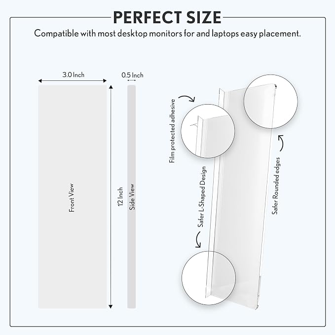 Computer Monitor Memo Board, 4 Pack, Sticky Note Holder, Semi-Transparent Flexible PVC, Monitor Adhesive Message Boards, Desk Accessories & Workspace Organizers, 12" L x 3" W, Non-Acrylic