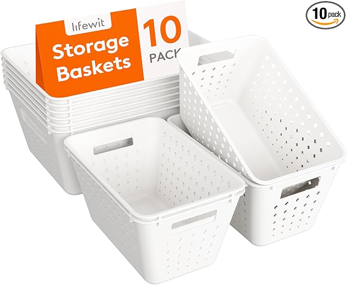 Lifewit Plastic Storage Basket for Organizing, 10 Pack Stackable Open Containers, Multi Size Storage Bins for Shelving, Pantry, Office and Cabinet, 6 Large and 4 Small Size, White