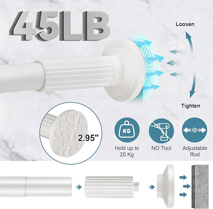 ZOCONE Tension Curtain Rod 51-148 Inch (4.25-12Ft), Extra Long Outdoor Tension Rod for Patio, Shower Curtain Rod No Drilling, Heavy Duty Tension Rod for Bathroom Window, Easy to Install, White