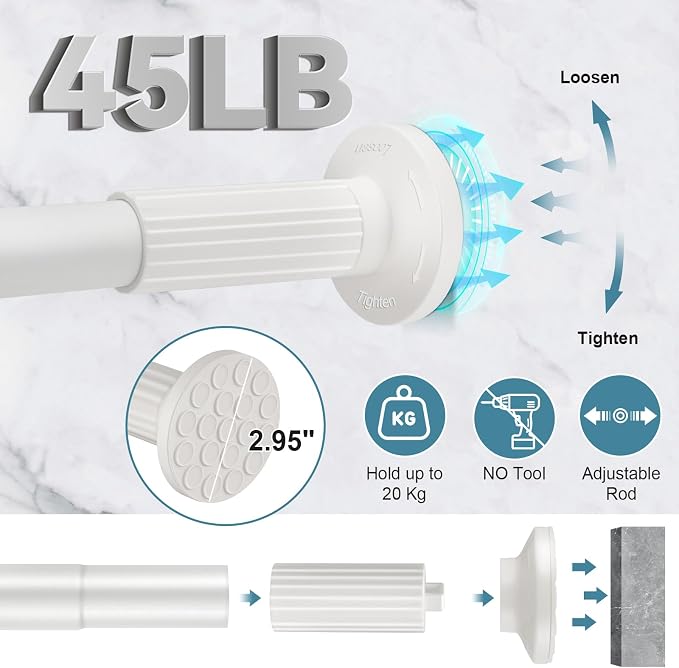 ZOCONE Tension Curtain Rod No Drilling 51-128 Inch (4.25-10.5Ft), Outdoor Curtain Rod for Patio, Heavy Duty Long Tension Rod, Adjustable Spring Loaded Shower Curtain Rod for Bathroom Window, White