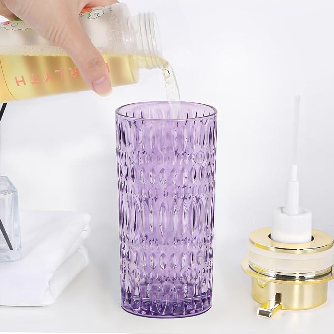 Foaming Soap Dispenser, Purple Glass Soap Dispenser, 14 Oz Refillable Foam Soap Dispenser Pump Bottle Container for Bathroom Kitchen Countertop Decor