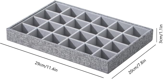 Stackable Jewelry Organizer Tray For Drawers,White Leather Small Earring Storage Tray,Bracelet And Necklace Display Box,Jewelry Ring Display Case (Gray 24 Grids)