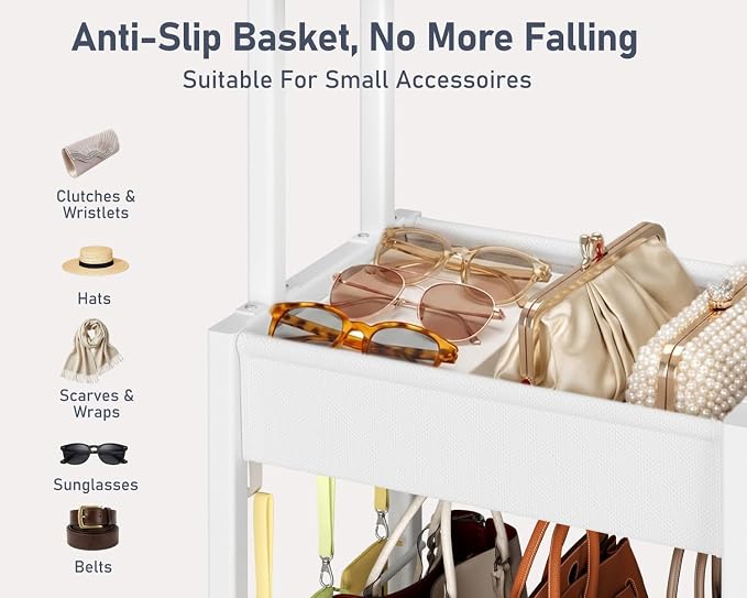 DIMJ Purse Organizer for Closet - Floor-standing Handbag Organizer Rack with 16 Hooks, Purse Storage Shelf Stand for Handbags, Totes, Wallets, Scarves, Bedroom Entryway and Walk-in Closet, White