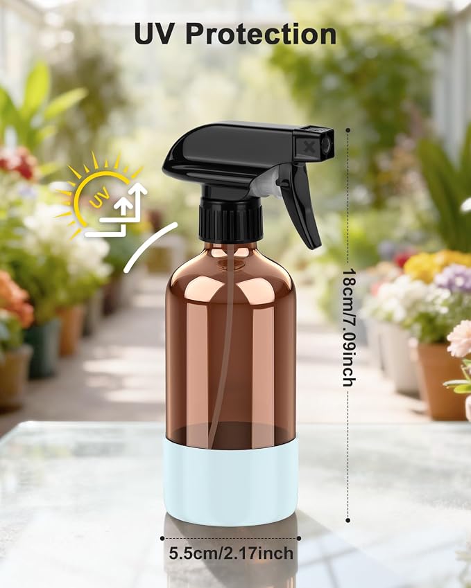Bontip Amber Glass Spray Bottle with Silicone Sleeve Protection, 8 oz Refillable Spray Bottles for Cleaning Solutions, Plants, Aromatherapy, Facial Hydration (1, Blue, 8 oz)