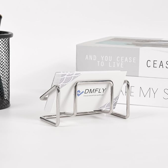Business Card Holder for Desk, Metal Cute Card Display Stand, Compatible with Various Countertops, Horizontal Silver