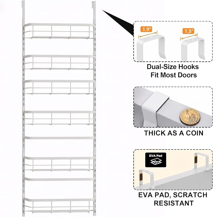 Apinol Over the Door Pantry Organizer, Adjustable 6 Tier Wide Storage Shelves with Hooks Fit Thin Doors Hold Spices Rack for Pantry Kitchen RV, White