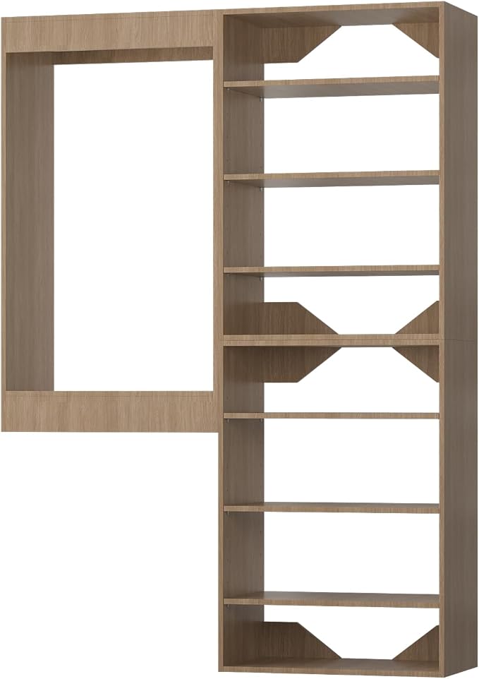 ROOMTEC Modular Closet System, 49" Wall-Mounted Closet Organizer with Hanging Rods and Shelves, Wooden Tower for Walk-In Closets, Wardrobe Storage Kit, Wood